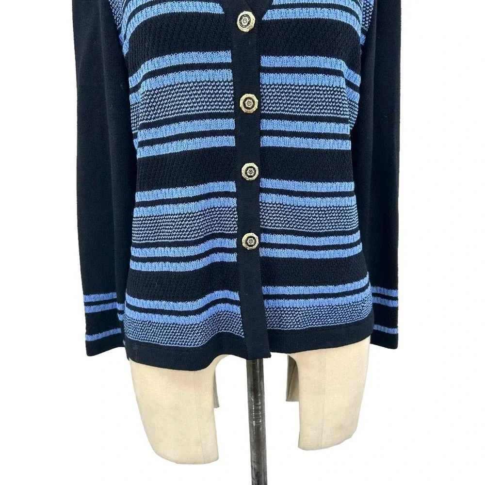 St. John Collection Santana‎ Knit Black Blue Stripe Cardigan Sweater Size 4
